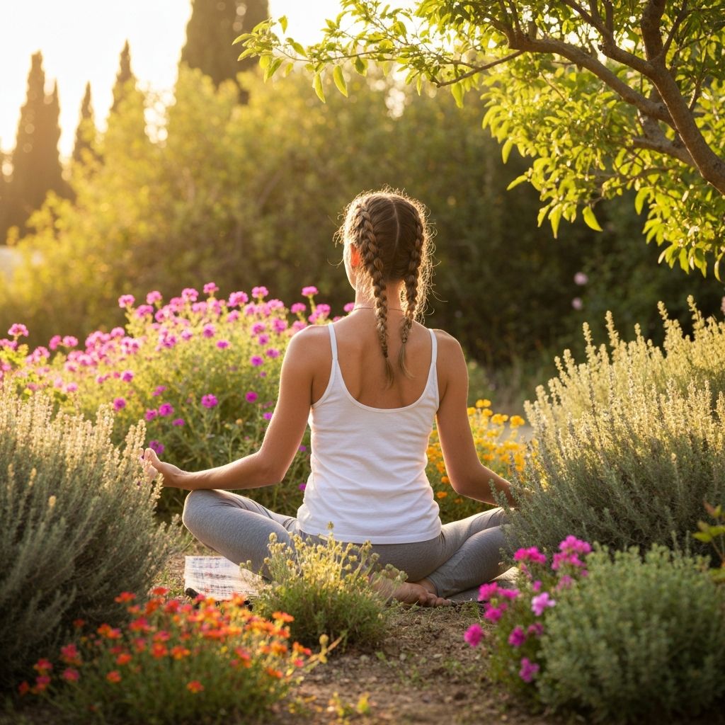 Person practicing traditional breathing in Mediterranean garden