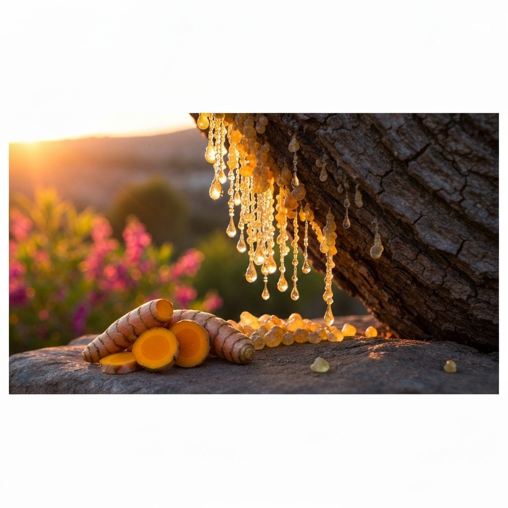 Boswellia resin droplets and turmeric rhizomes
